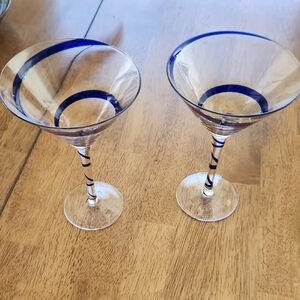 Set Of Two Blue Swirled Martini Cosmopolitan Cocktail Glasses
